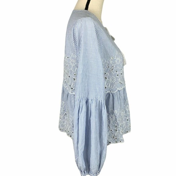 CeCe Cottage Core Crop Top Womens M Boho Puff Sleeve Striped Embroidery - Picture 6 of 10